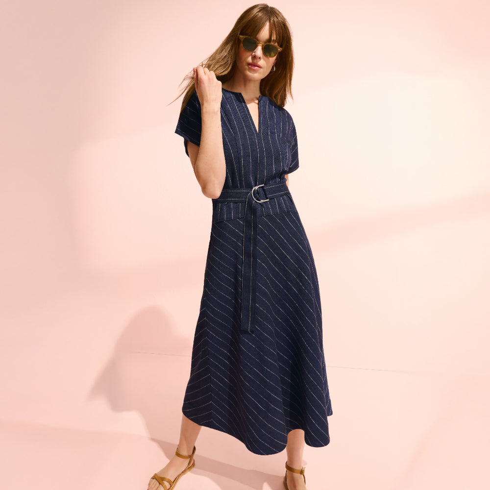 Front image of a woman wearing the Cereah Dress in Porto Weave