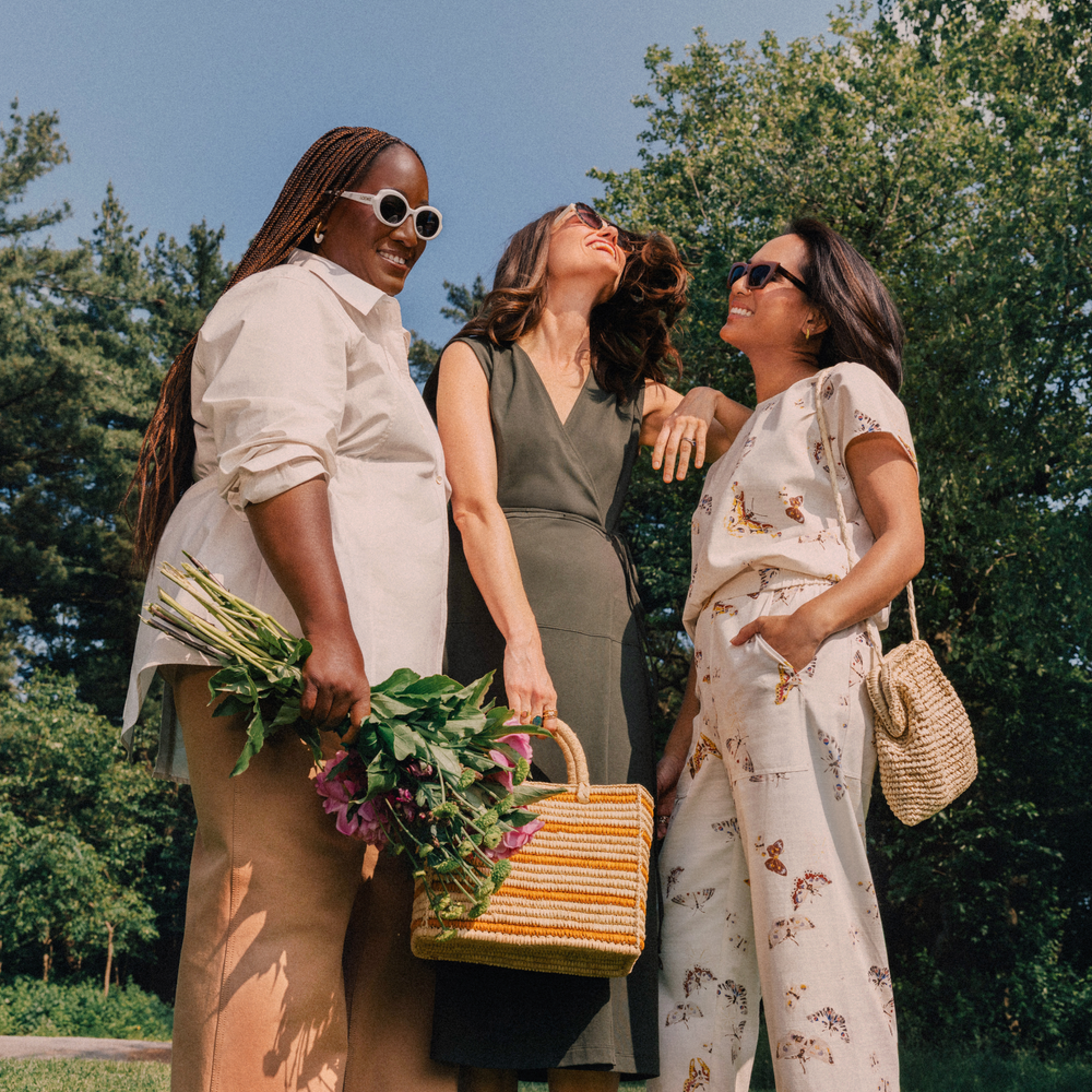 Three women standing outdoors one of them wearing Bentley Al Fresco Shirt - Cotton Poplin :: Eggshell
Success