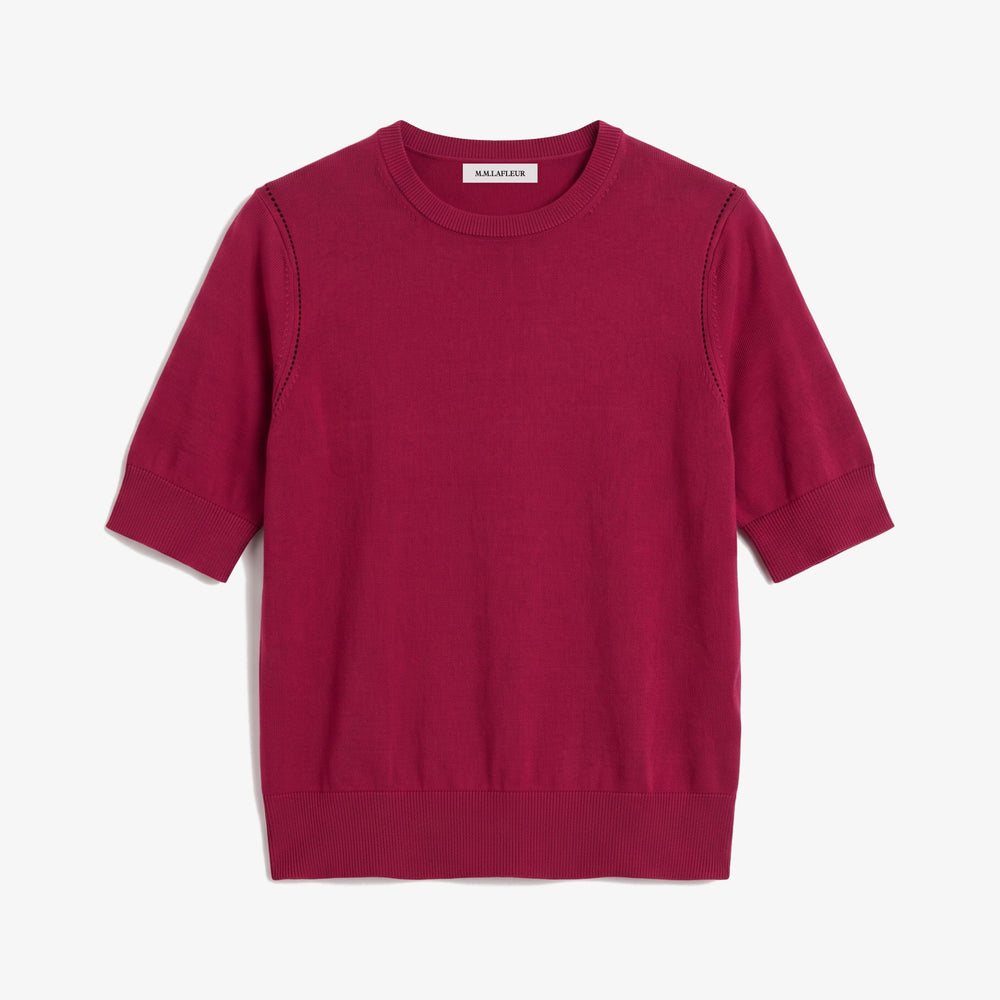 image of a bright raspberry pink colored short sleeve sweater