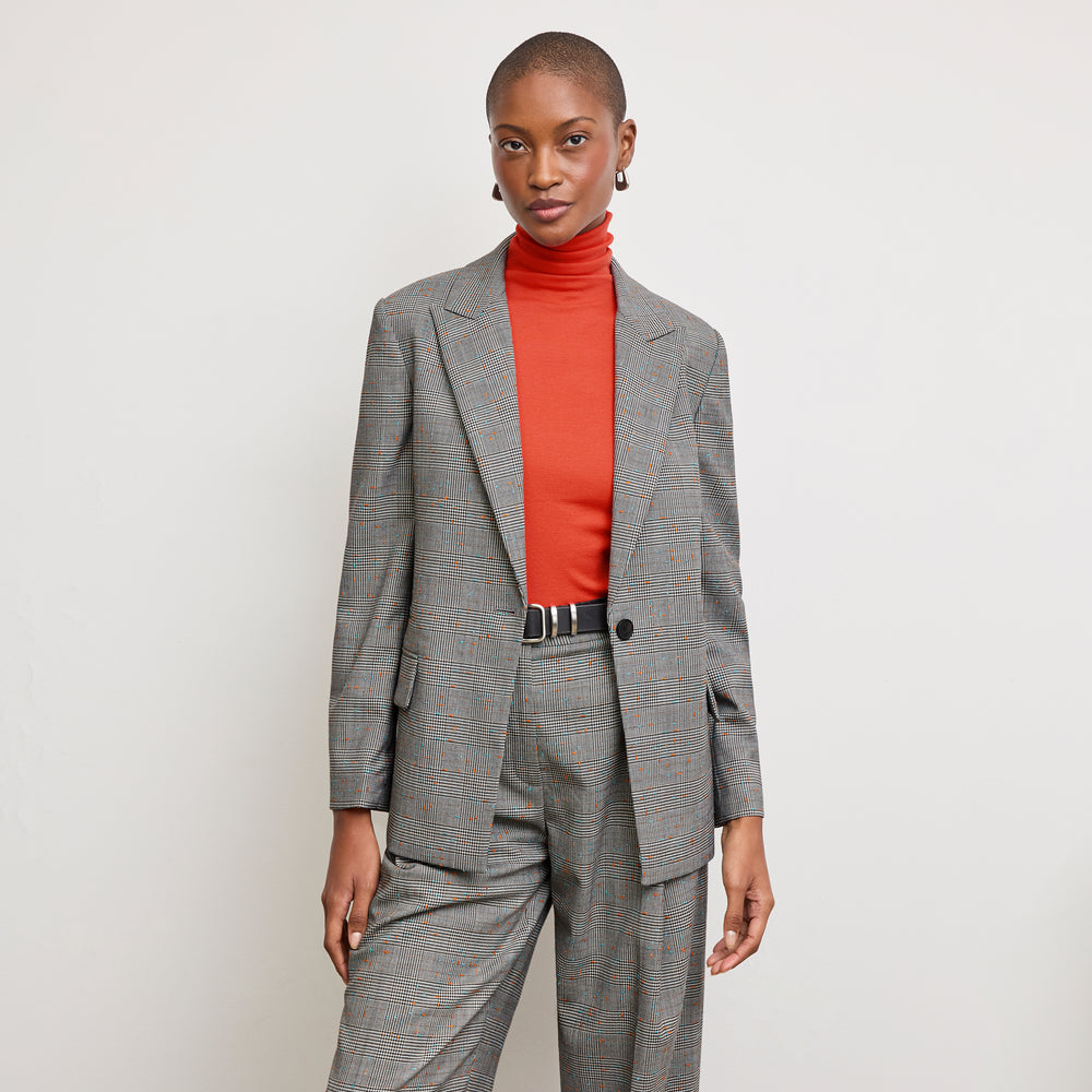 Front image of a woman wearing the Tyner Blazer in Sharkskin in Mixed Check