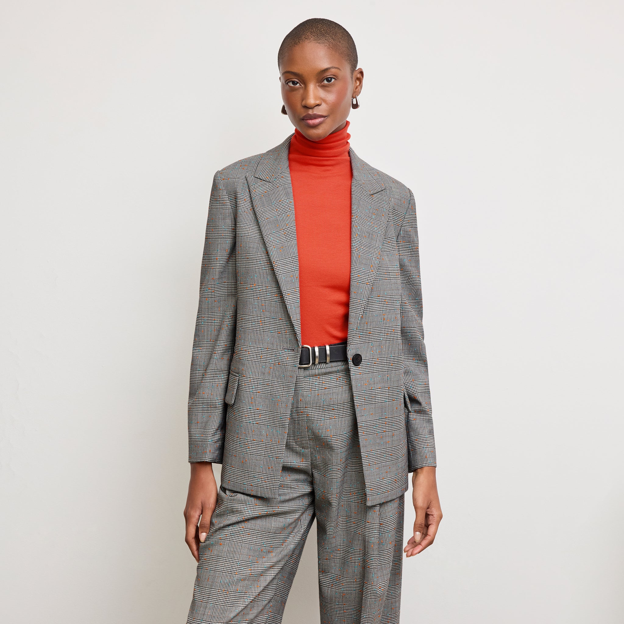 Front image of a woman wearing the Tyner Blazer in Sharkskin in Mixed Check 