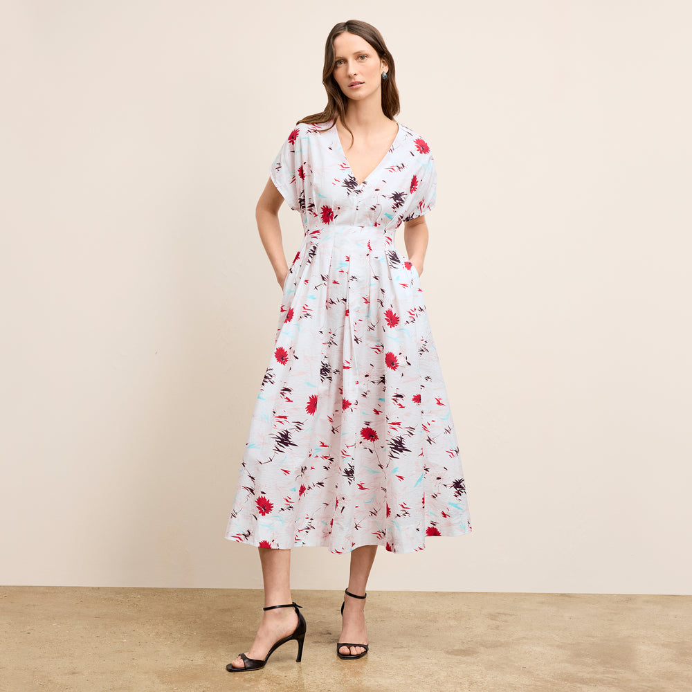 Front image of a woman wearing the Jelina Dress in Brushed Floral
