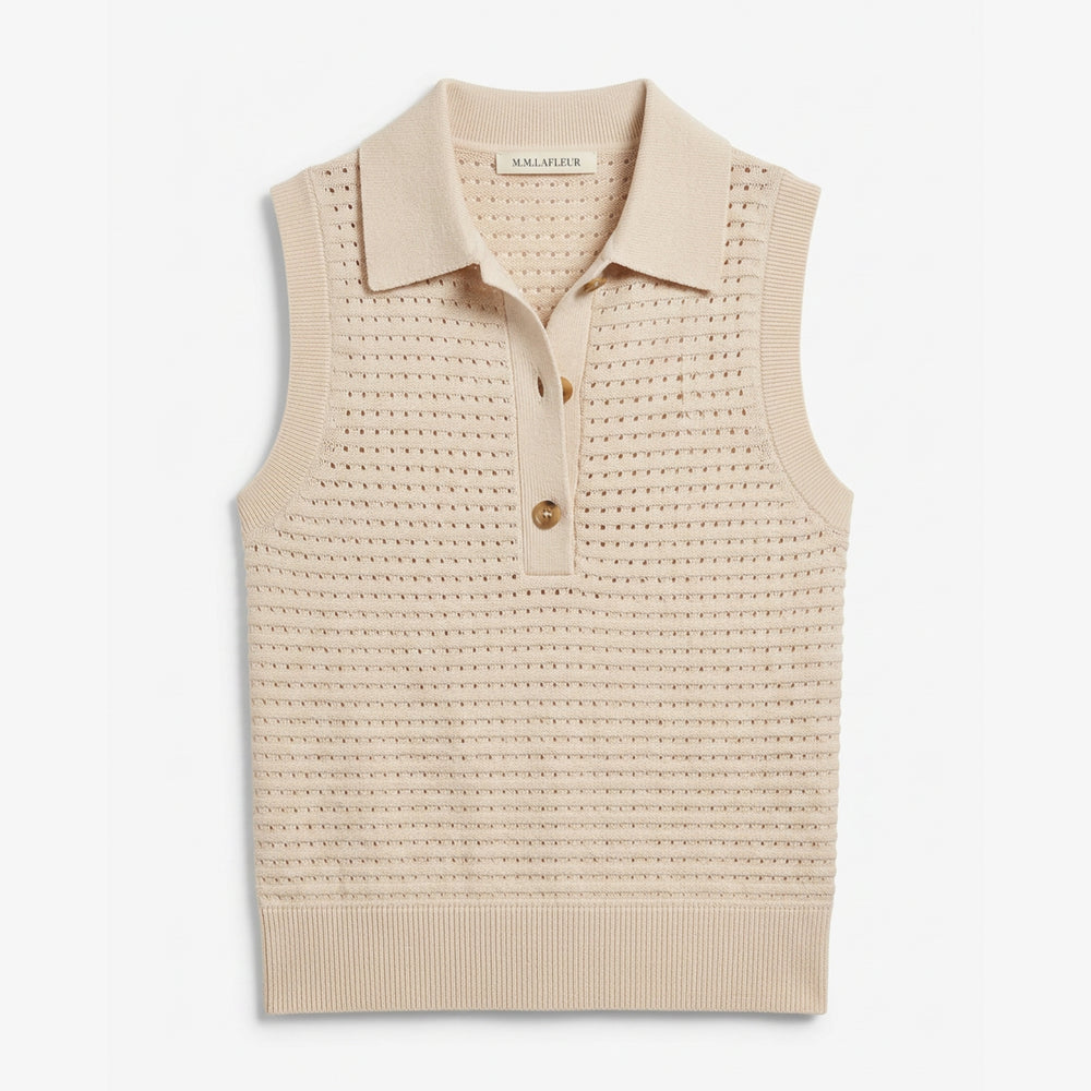 Beige knitted vest with a collar on a white background