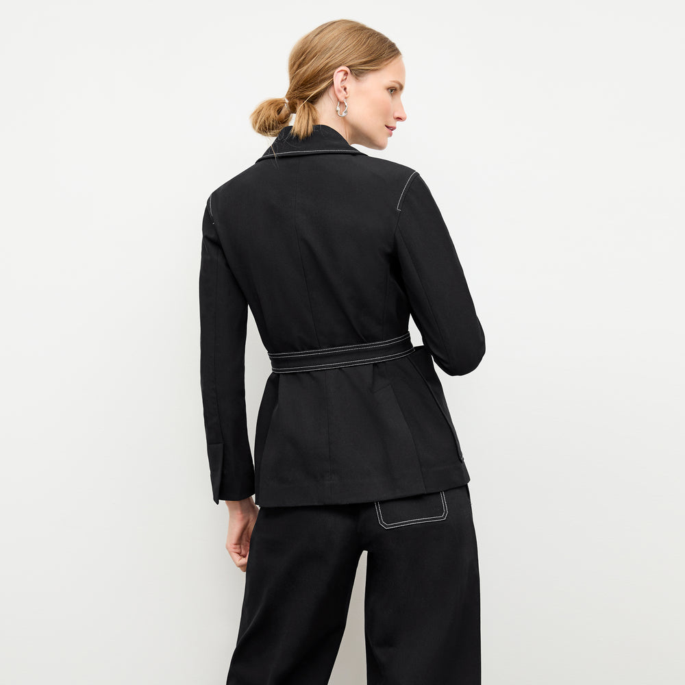 back image of a woman wearing the grenville jacket in black
