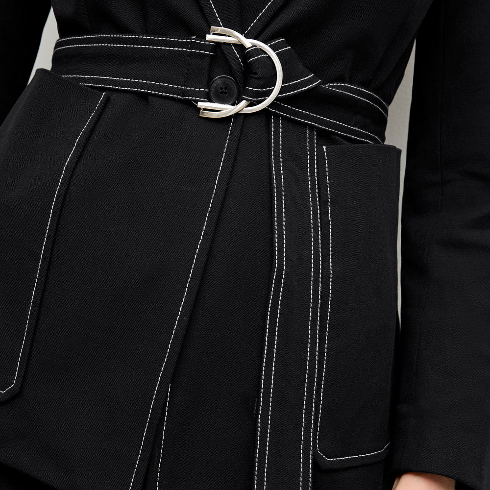 detail image of a woman wearing the grenville jacket in black