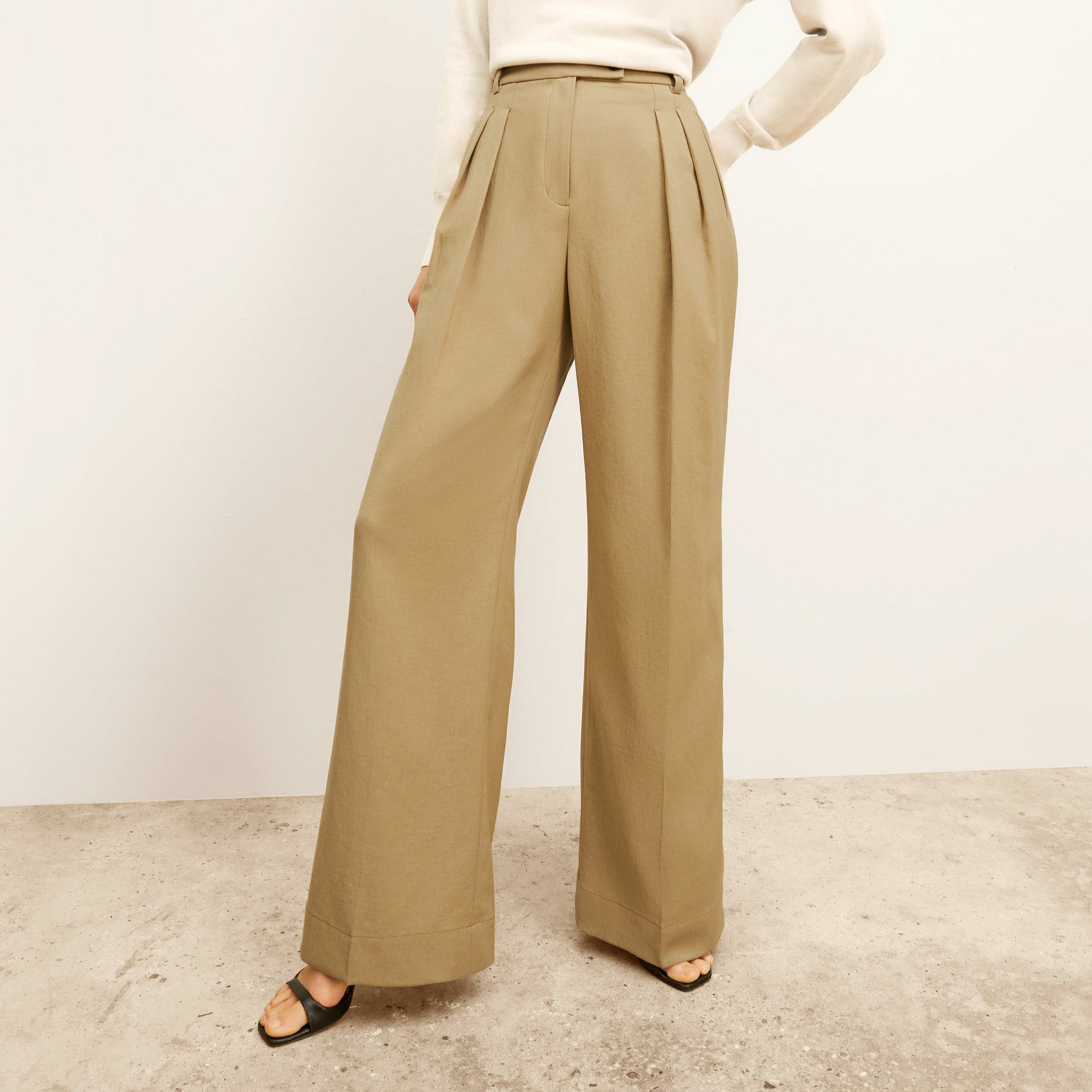 front image of a woman wearing the bia pant in macaroon 