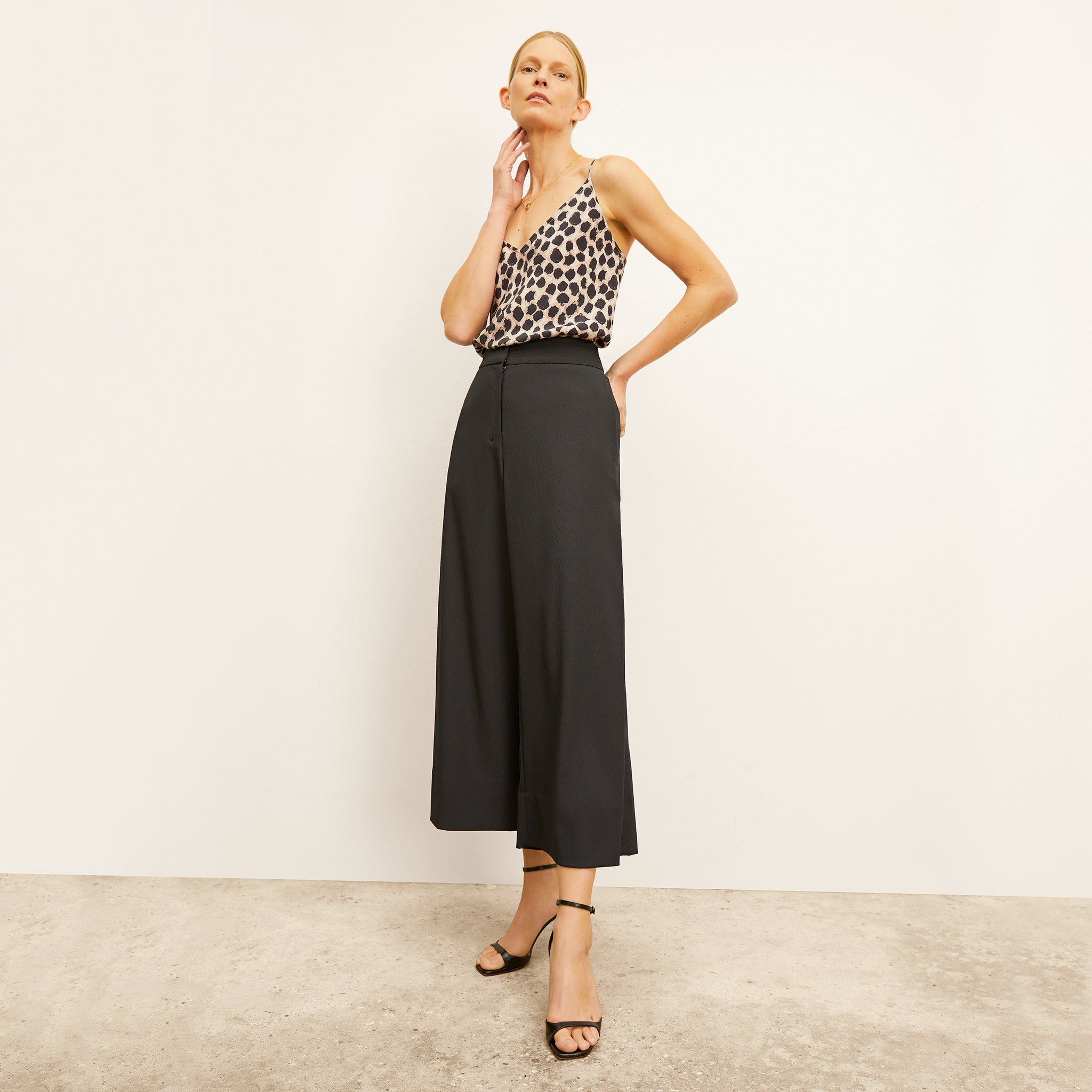 Front image of a woman wearing the Zhou Culotte - Eco Heavy Soft Wave :: Black