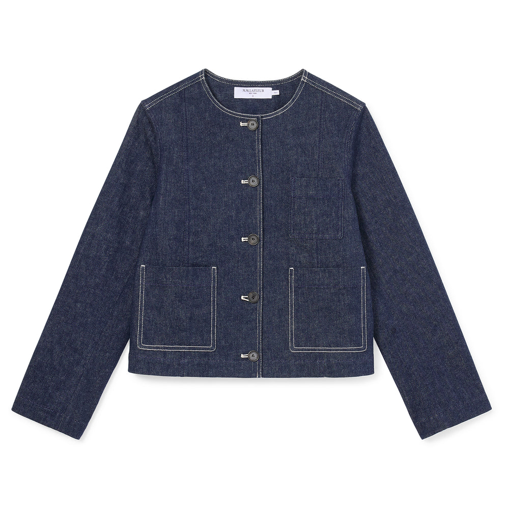 packshot image of the kane jacket in dark wash