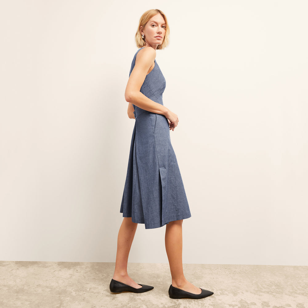 side image of the estela dress in clear blue