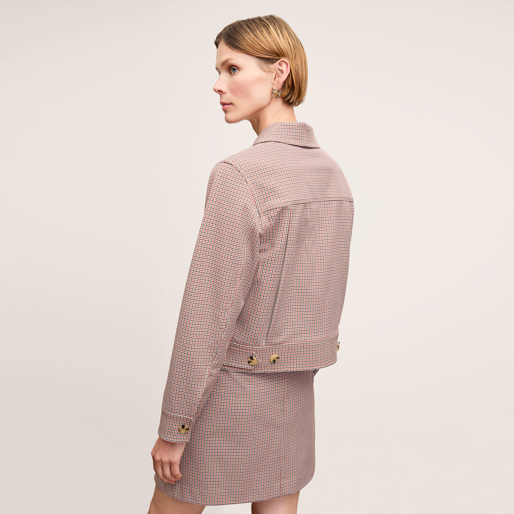 Back image of a woman wearing the Rhoda Jacket in Stretch Twill Mini Check