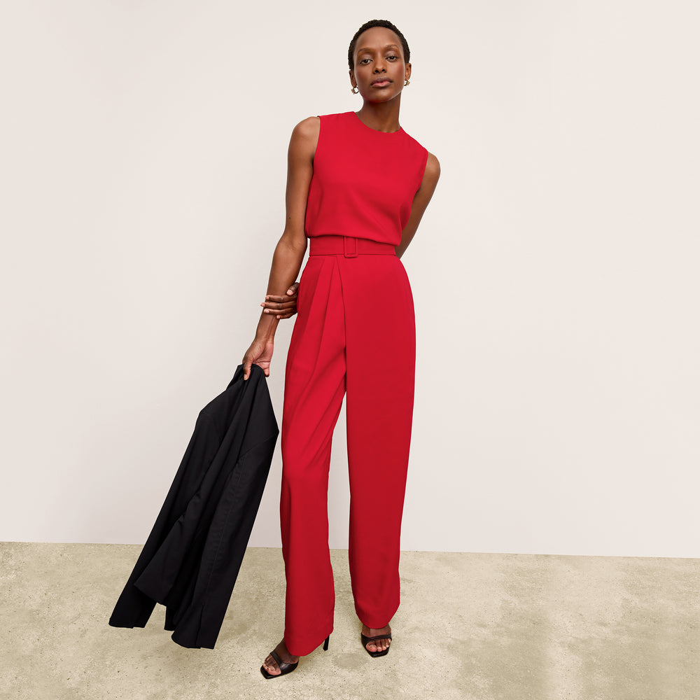front image of a woman wearing the conway pants in maraschino
