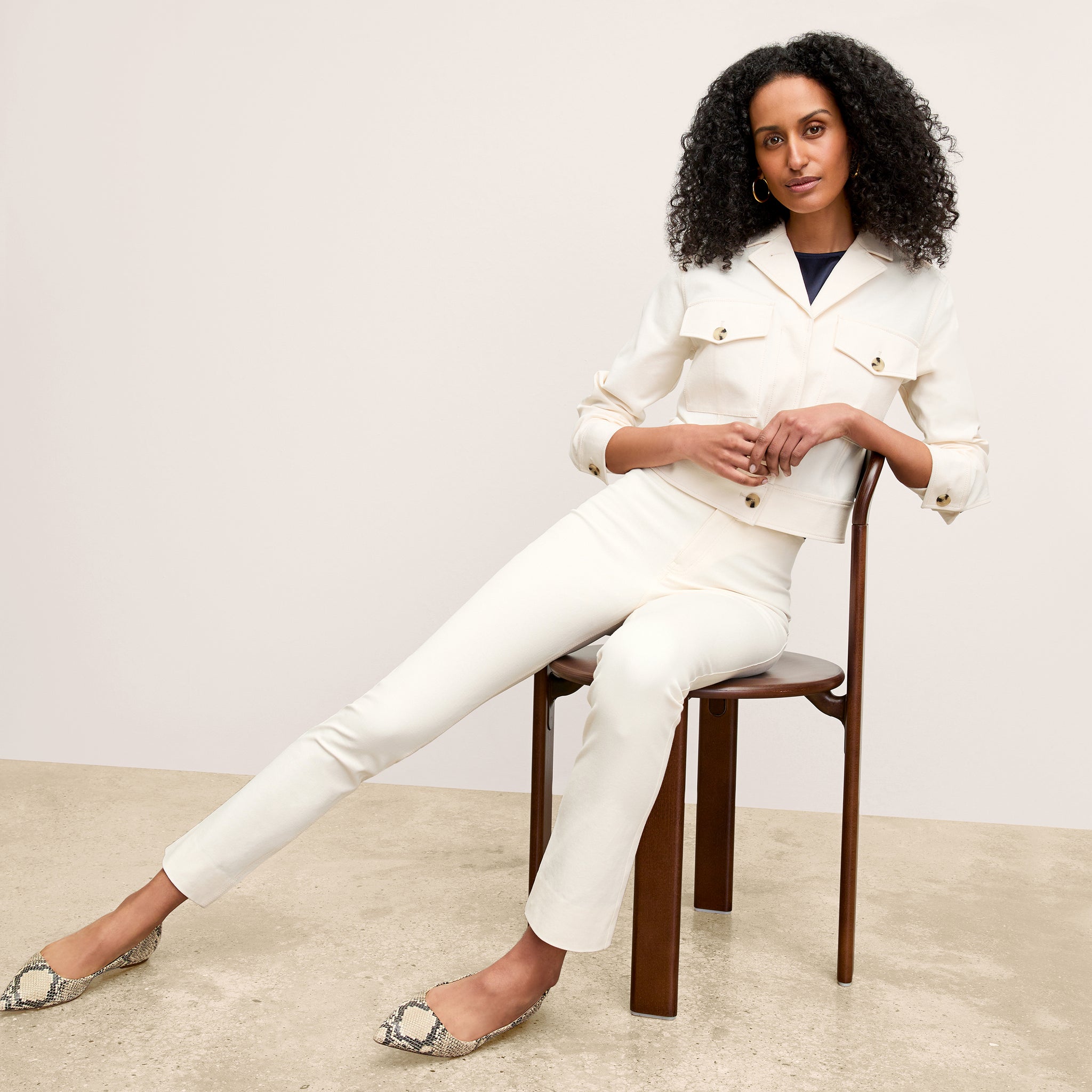 Front image of a woman standing wearing the Hockley Jean—Better Than Denim in Tusk