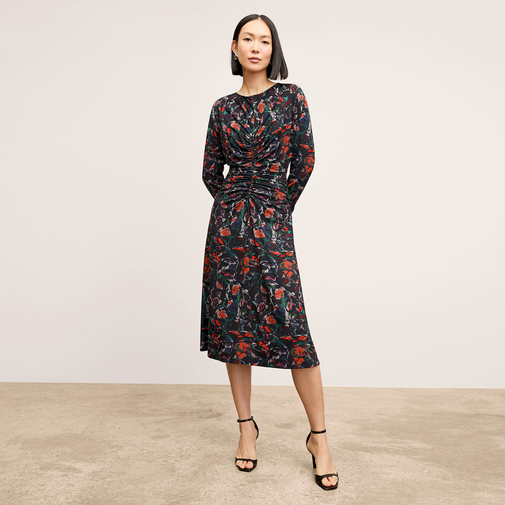front image of a woman wearing the johnna dress in splatter pop