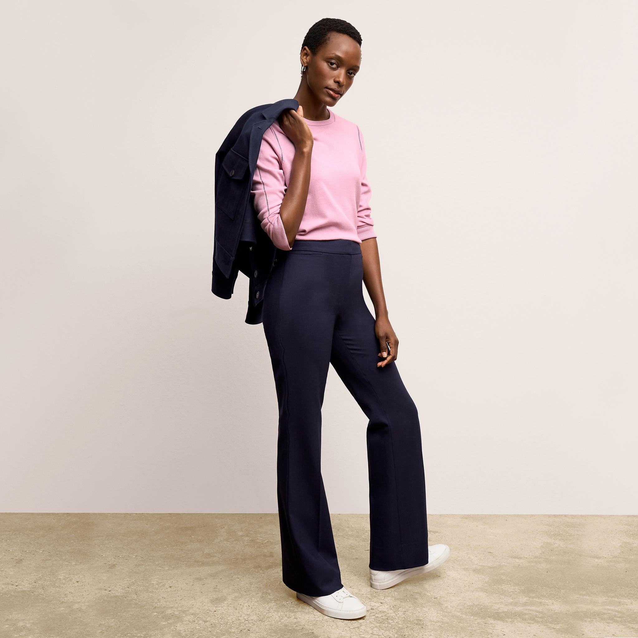 Front image of a woman wearing the Horton pant in Galaxy Blue