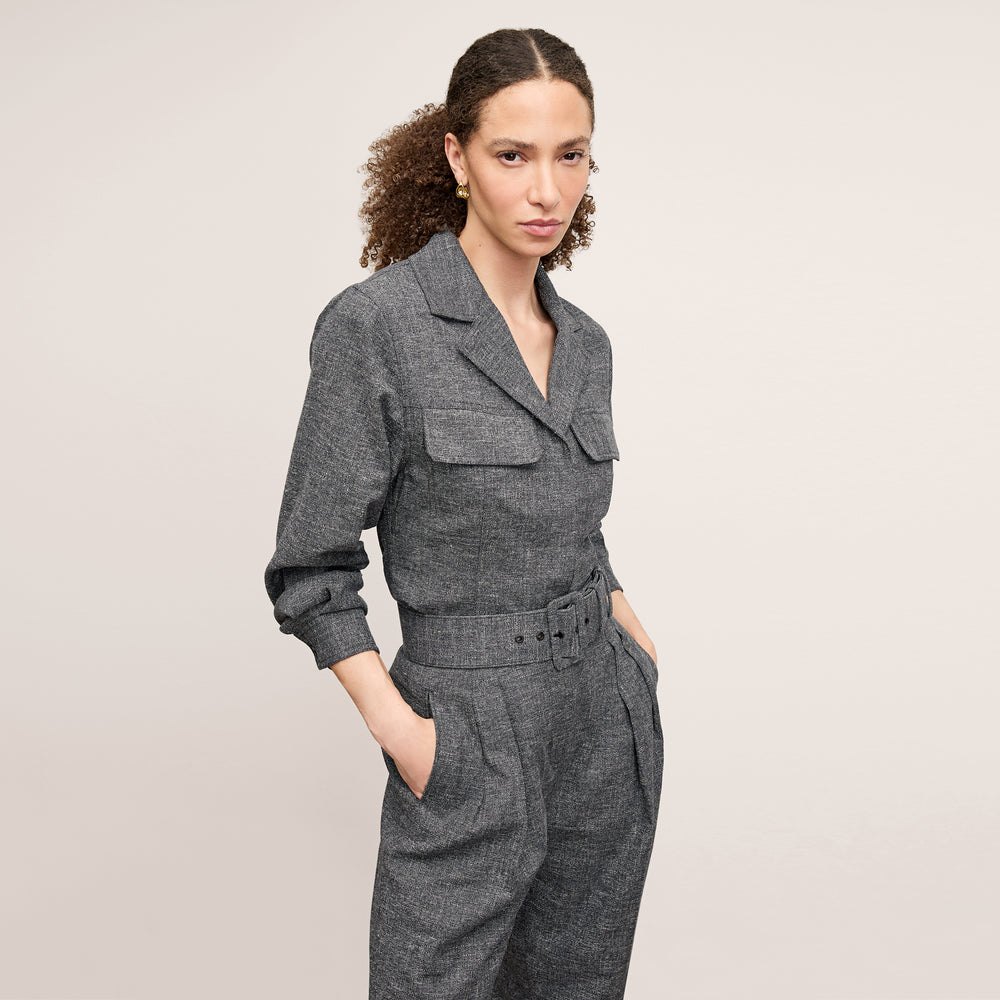 front image of a woman wearing the natalia jacket in black/white