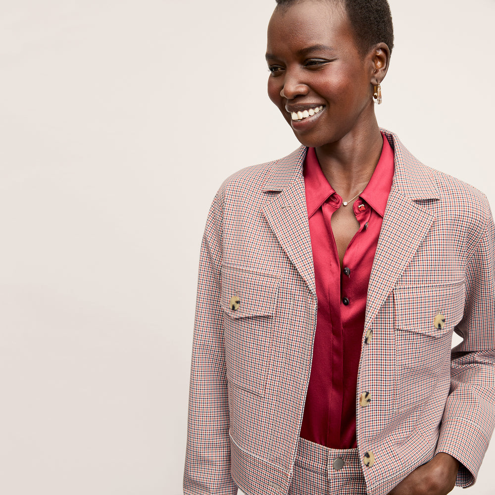 Front image of a woman wearing the Rhoda Jacket in Stretch Twill Mini Check