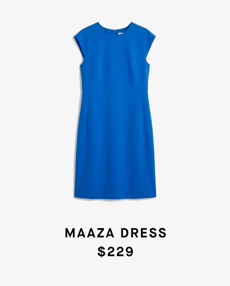 Blue dress with 'MAAZA DRESS' text and price $229 on a white background