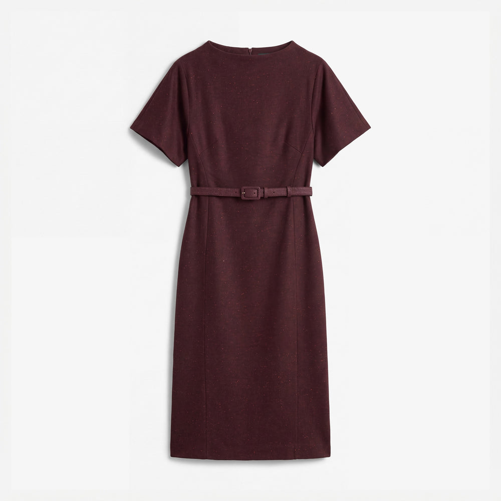 A short-sleeve knee-length dress in deep burgundy with a matching fabric belt and small rectangular buckle, shown from the back on a light gray background.