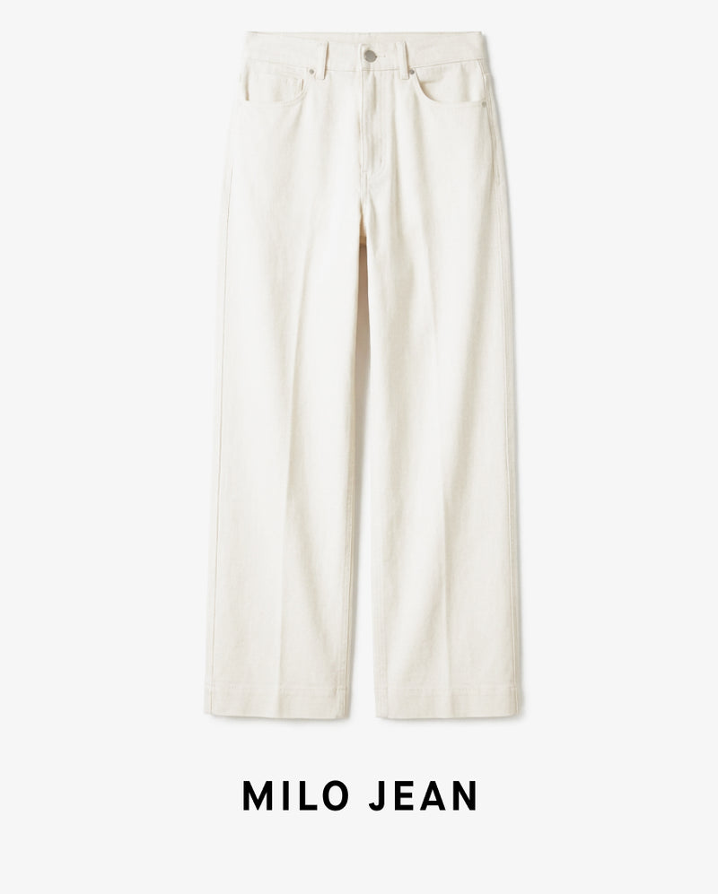 White jeans on a white background with 'MILO JEAN' branding.