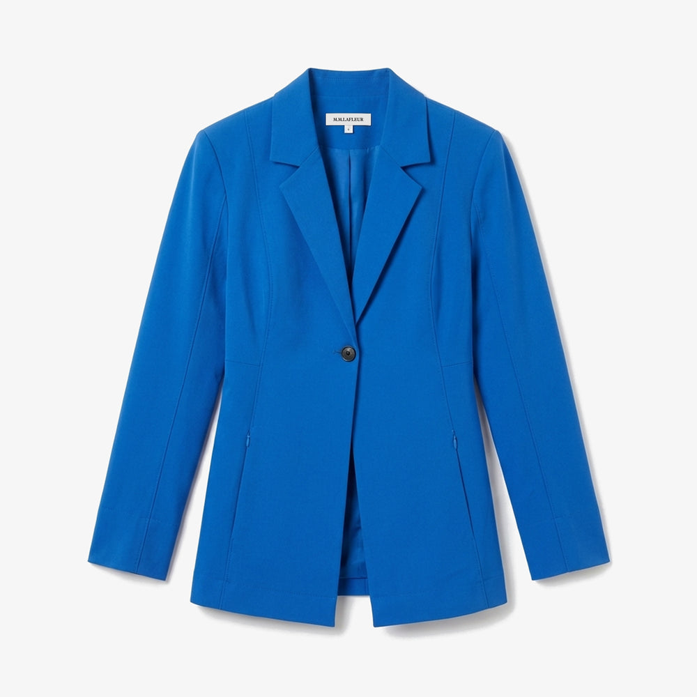 Blue blazer on a light gray background