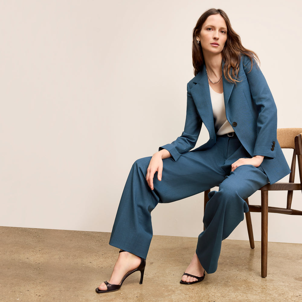 front image of a woman wearing the rina pant in bluebell