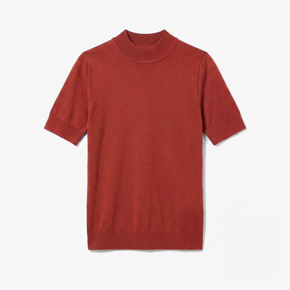 Red-orange spice colored short sleeve sweater with ribbed detailing on the neck, hem, and sleeves