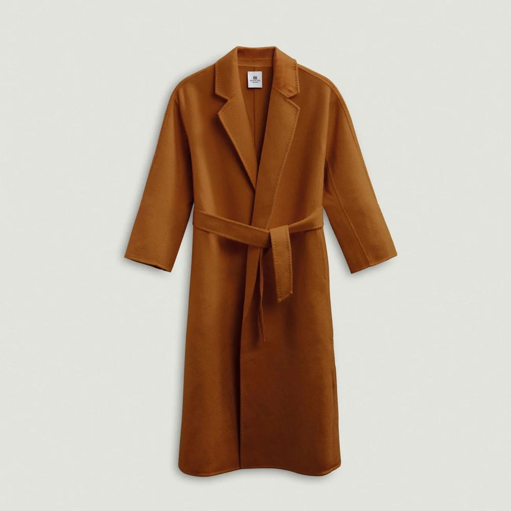 Brown coat with a belt on a light gray background