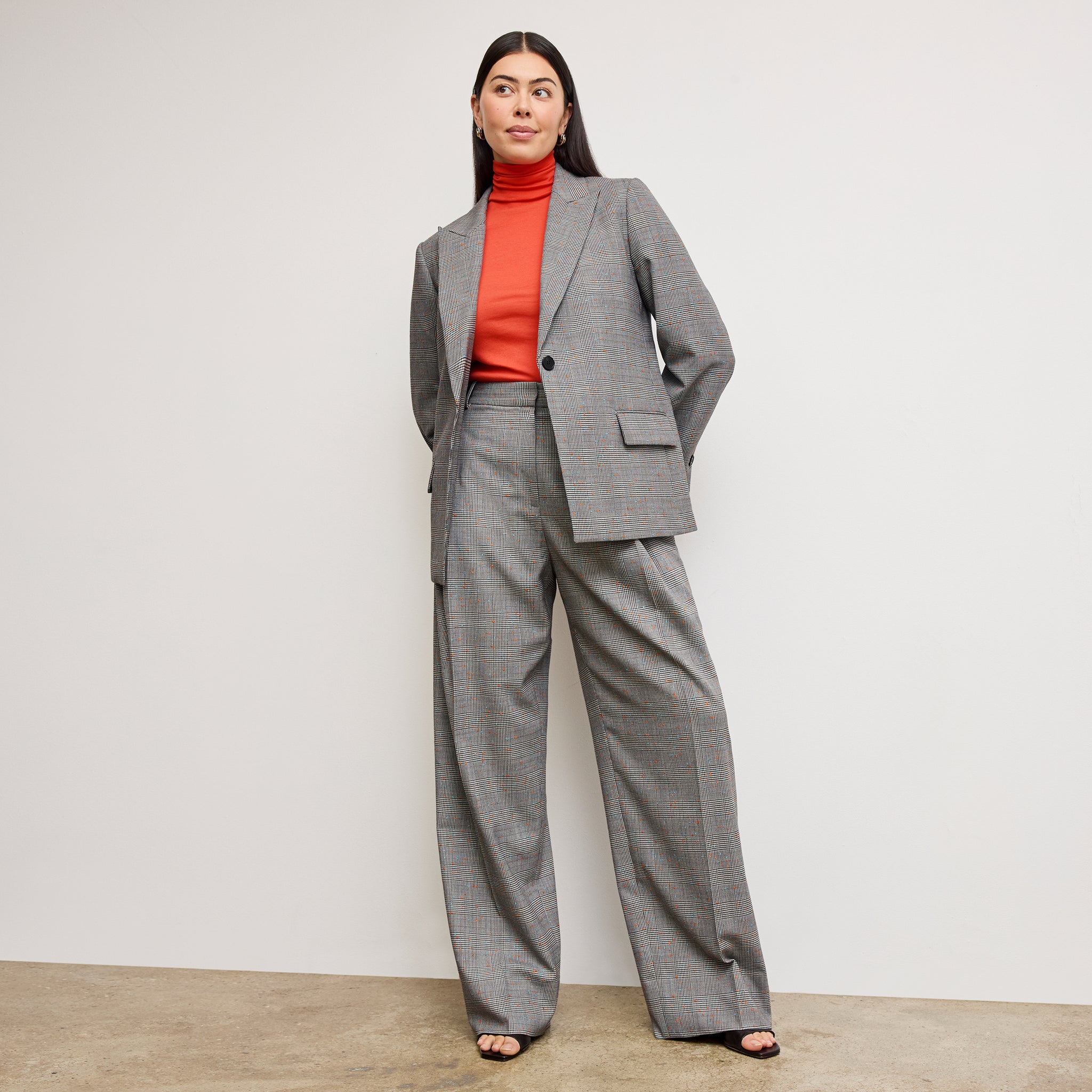 front image of a woman wearing the Tyner Blazer in Sharkskin in Mixed Check