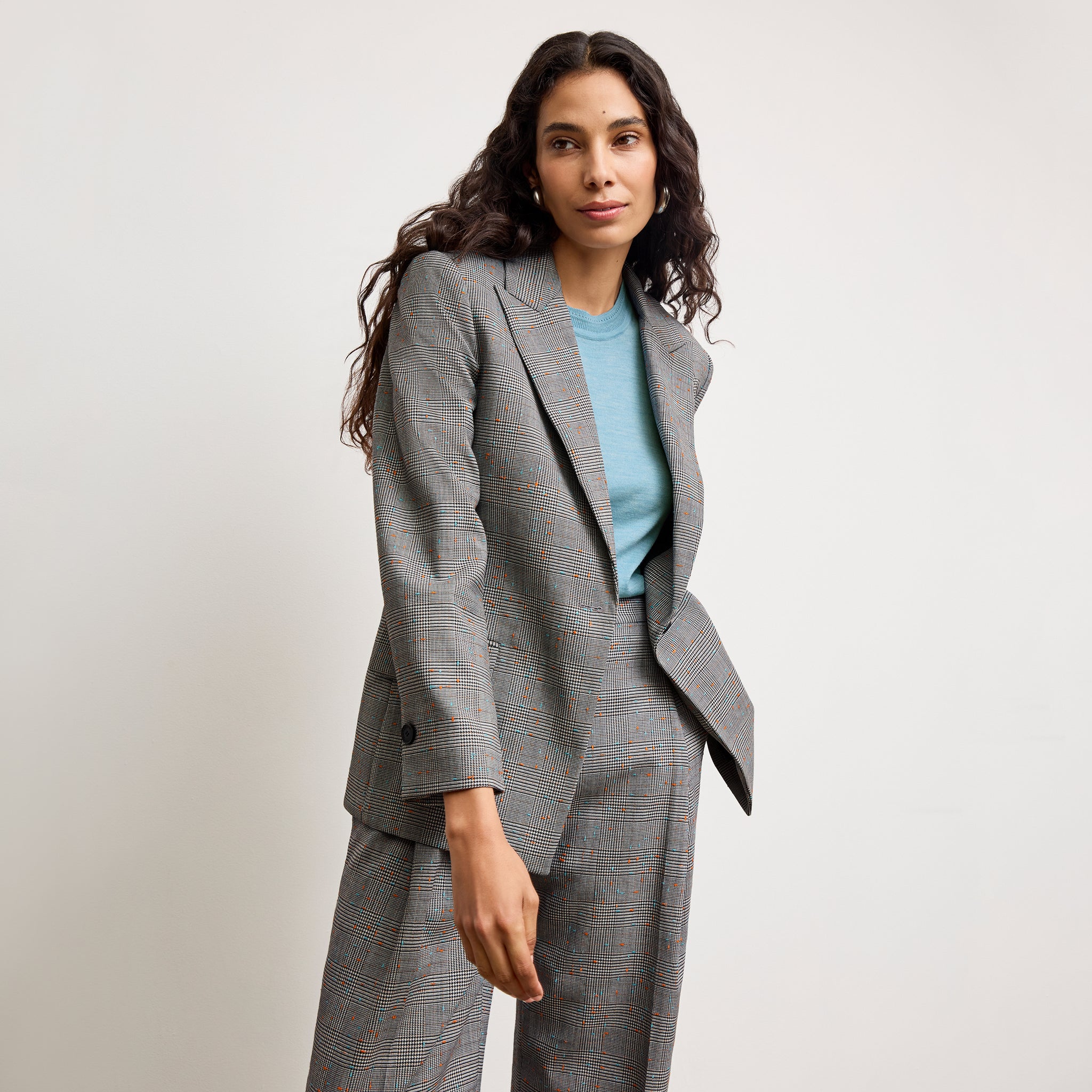 front image of a woman wearing the Tyner Blazer in Sharkskin in Mixed Check