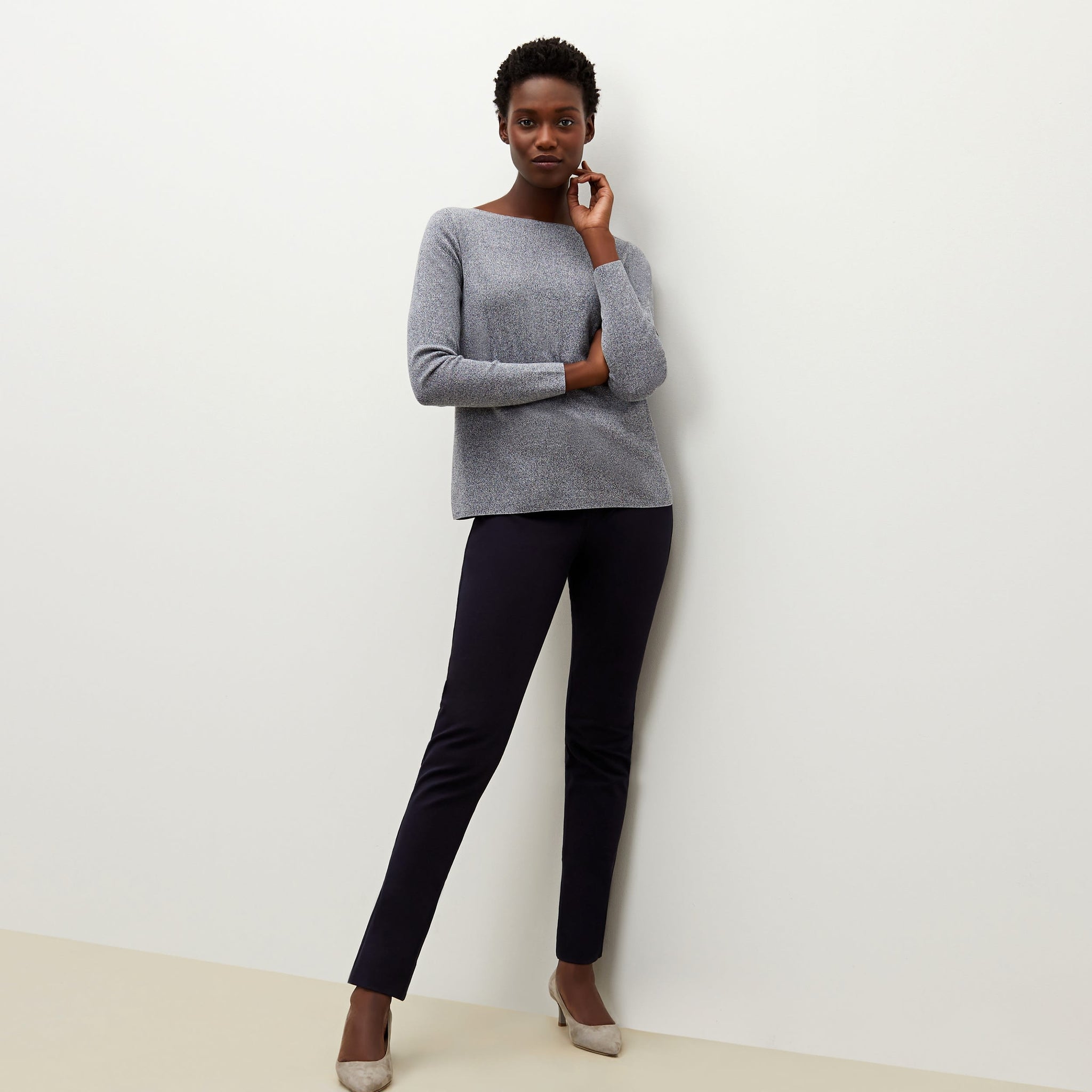 Front image of a woman standing wearing the Hockley pant in ink