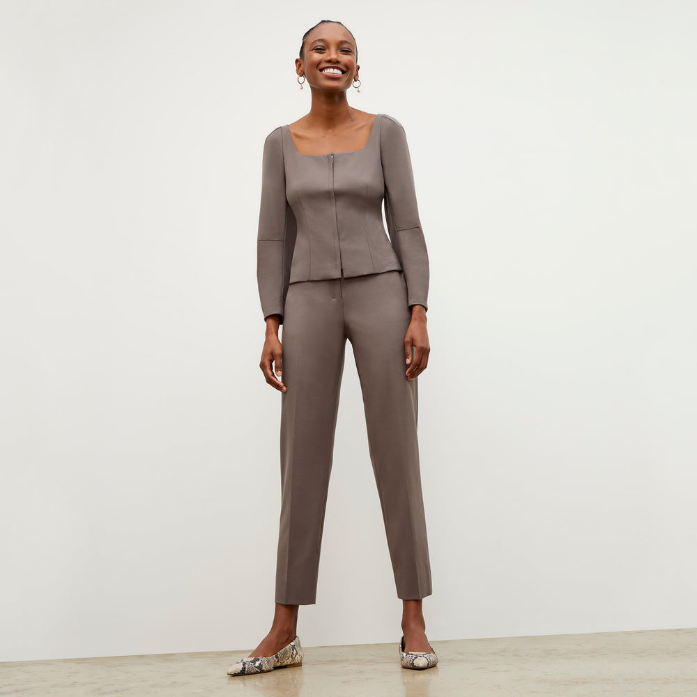 Front image of a woman wearing the Dawn Top - Sharkskin in Mink