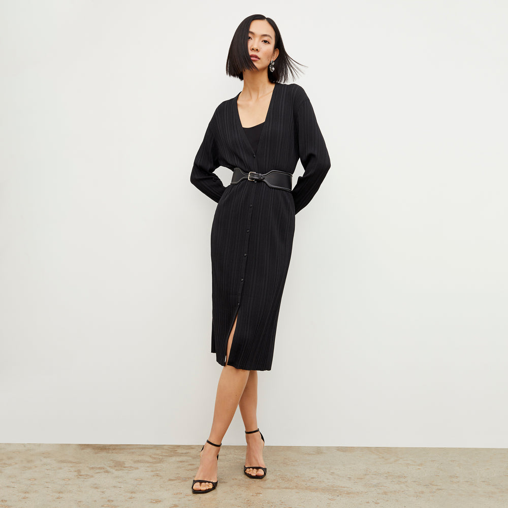 Front image of a woman wearing the Molly Cardigan - Textured Knit in Black