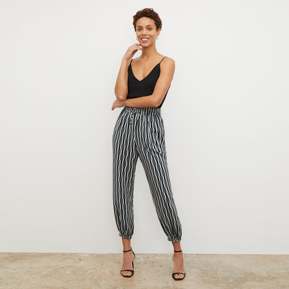 Front image of a woman wearing the Amelia Jogger - Arpeggio Print Washable Silk in Blue / Black