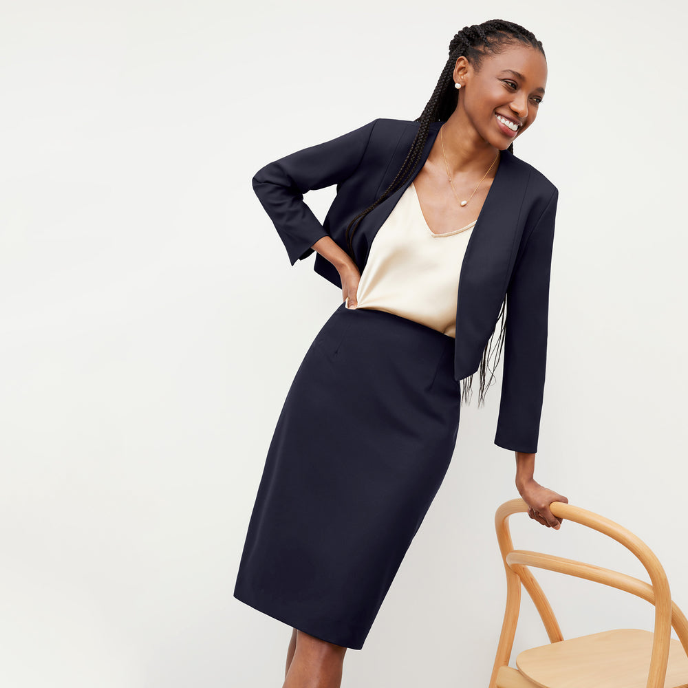Front image of a woman wearing the Neale blazer in Galaxy Blue