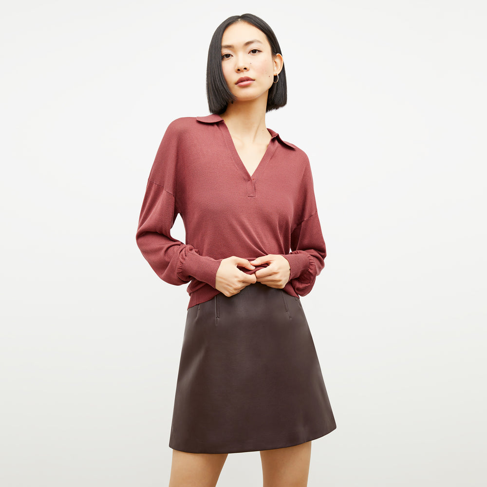 Front image of a woman wearing the Leo in Rosewood
