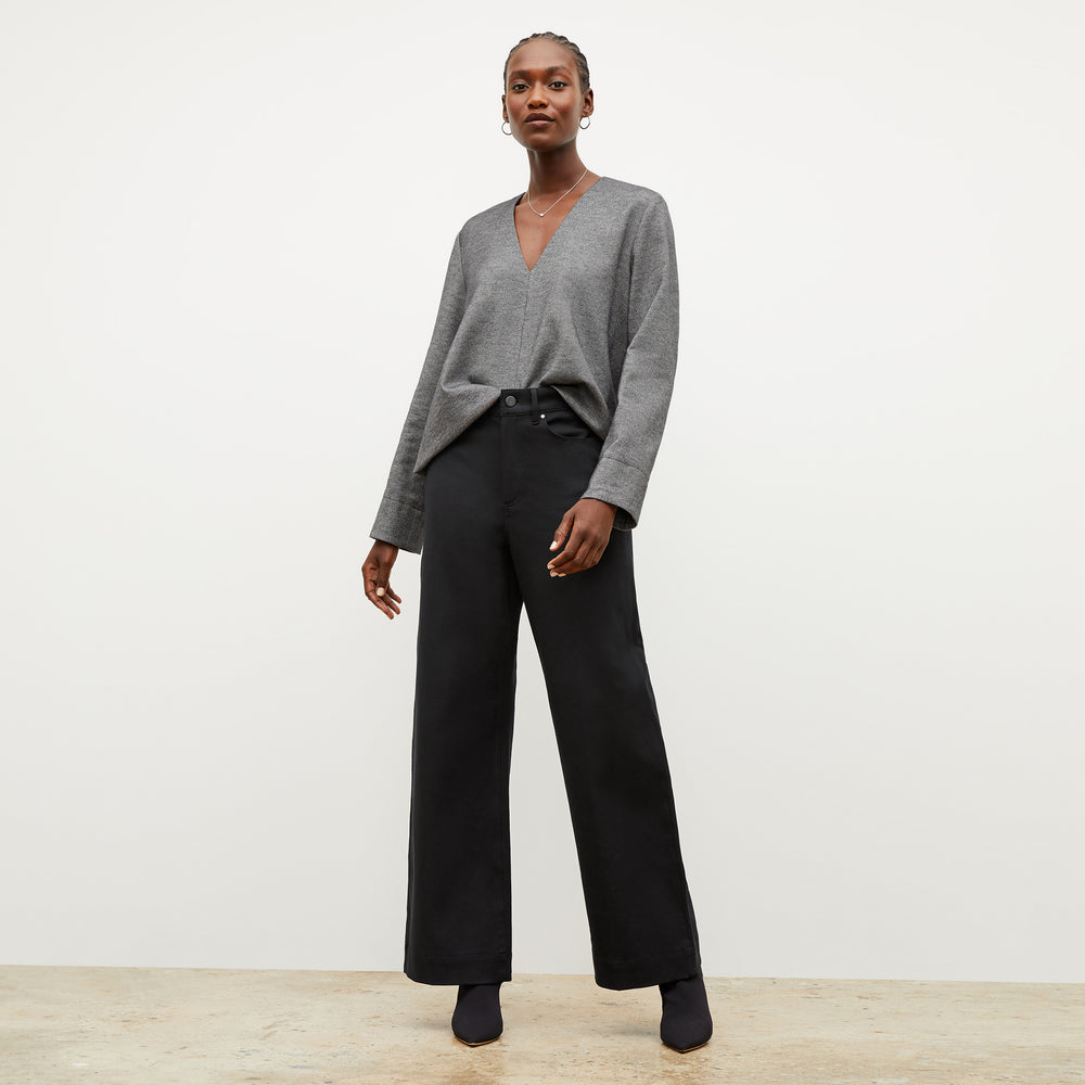 Front image of a woman wearing the annette top in flannel twill