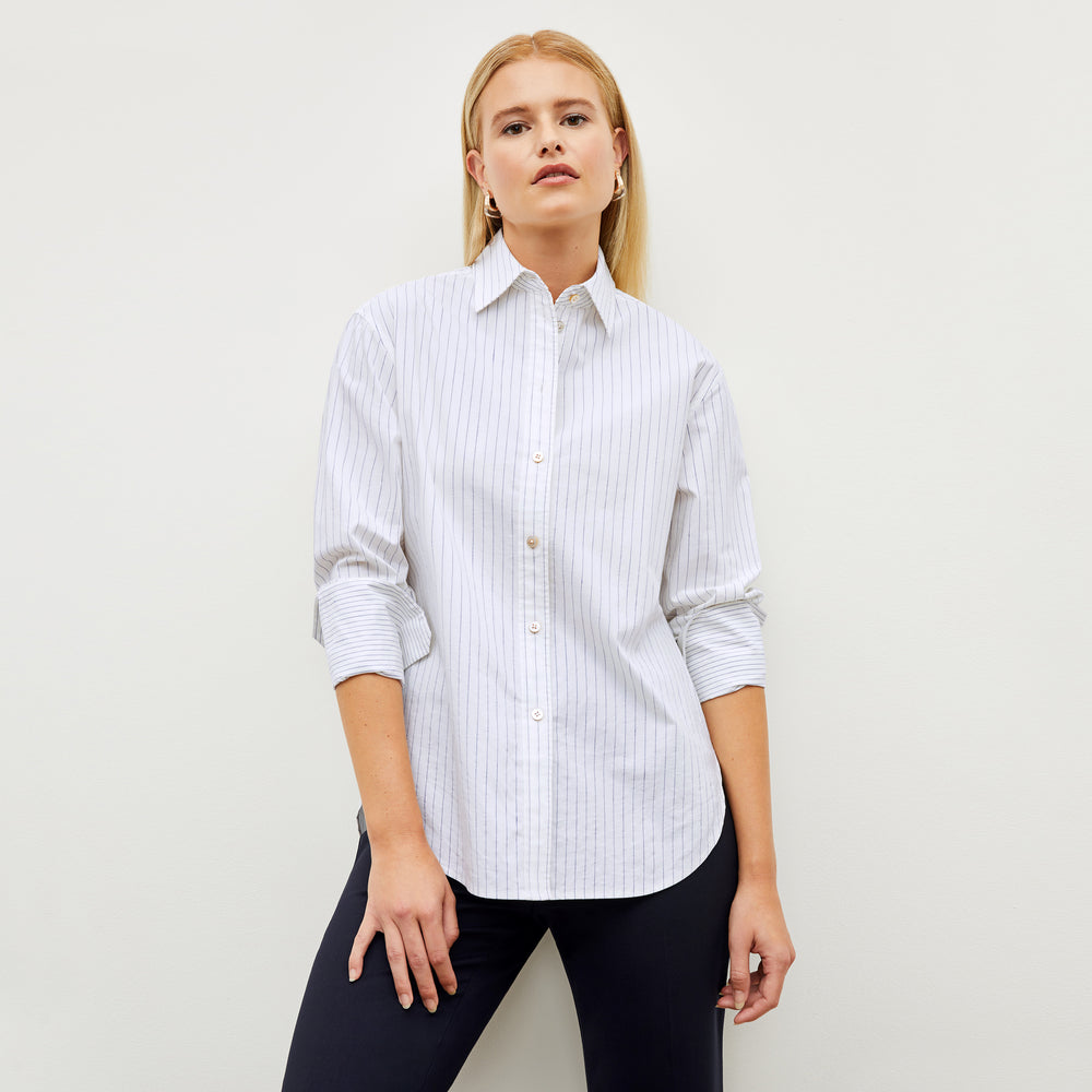 Front image of a woman wearing the Mila Button Down - Poplin Stripe in Blue / Ivory