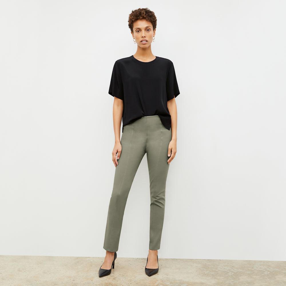 Front image of a woman wearing the Annika Tee - Washable Silk in Black