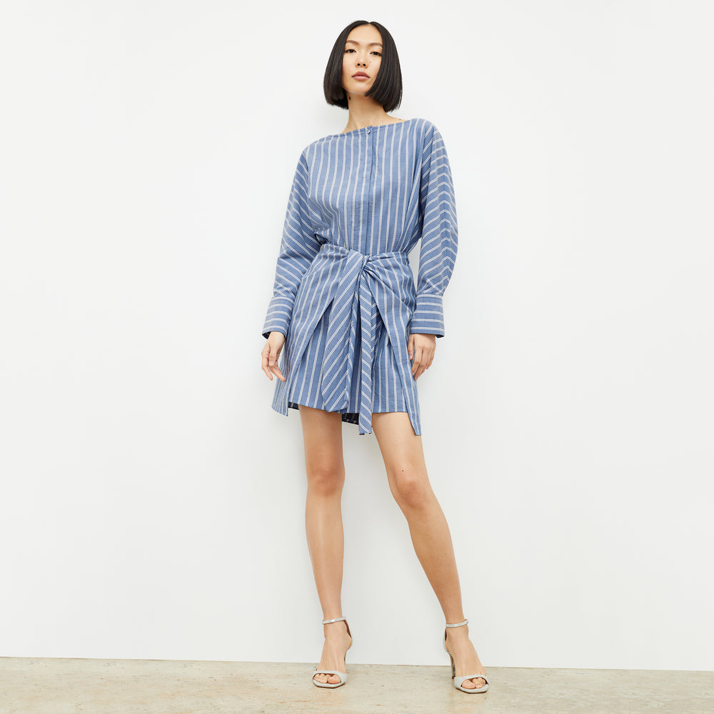 front image of a woman wearing the janie dress in poplin stripe
