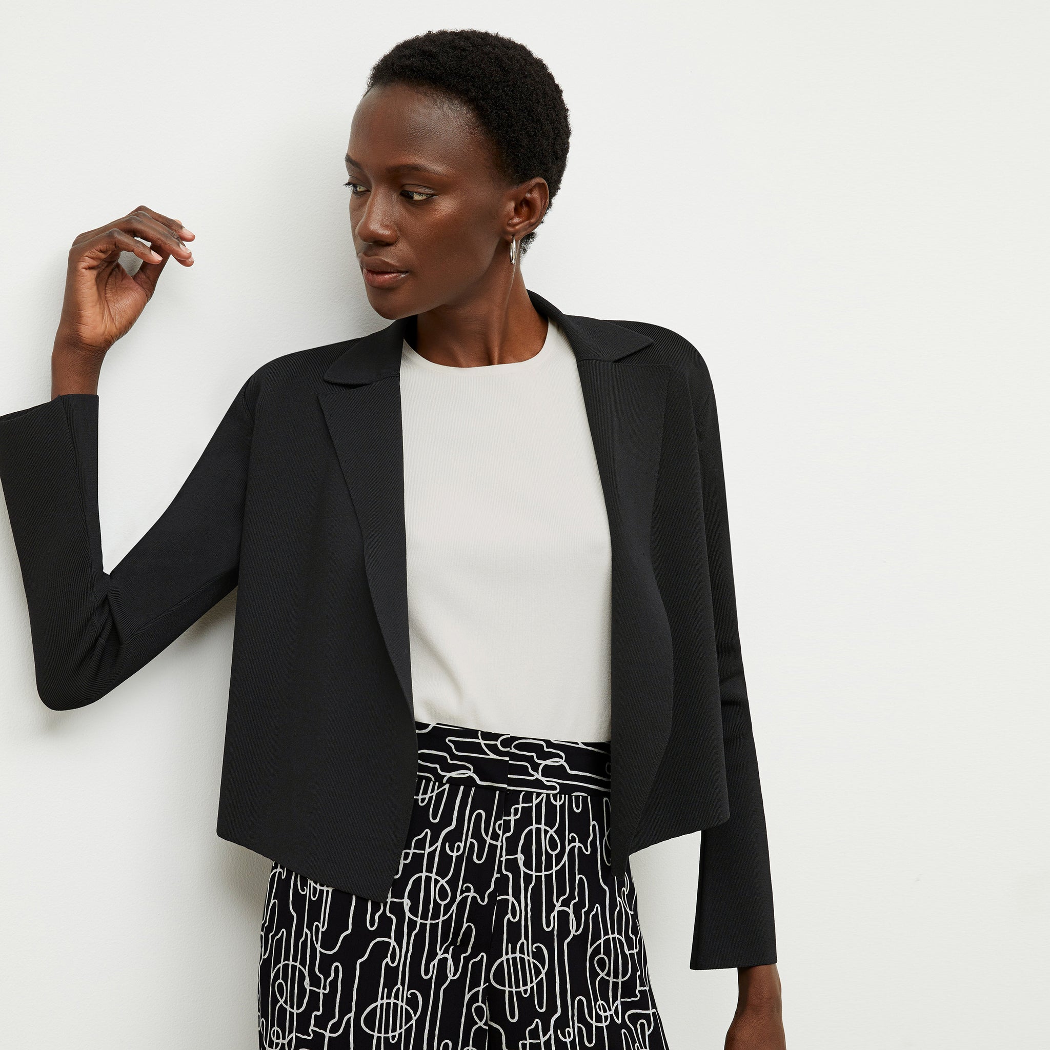 front image of a woman wearing the zhou culotte in symphony print