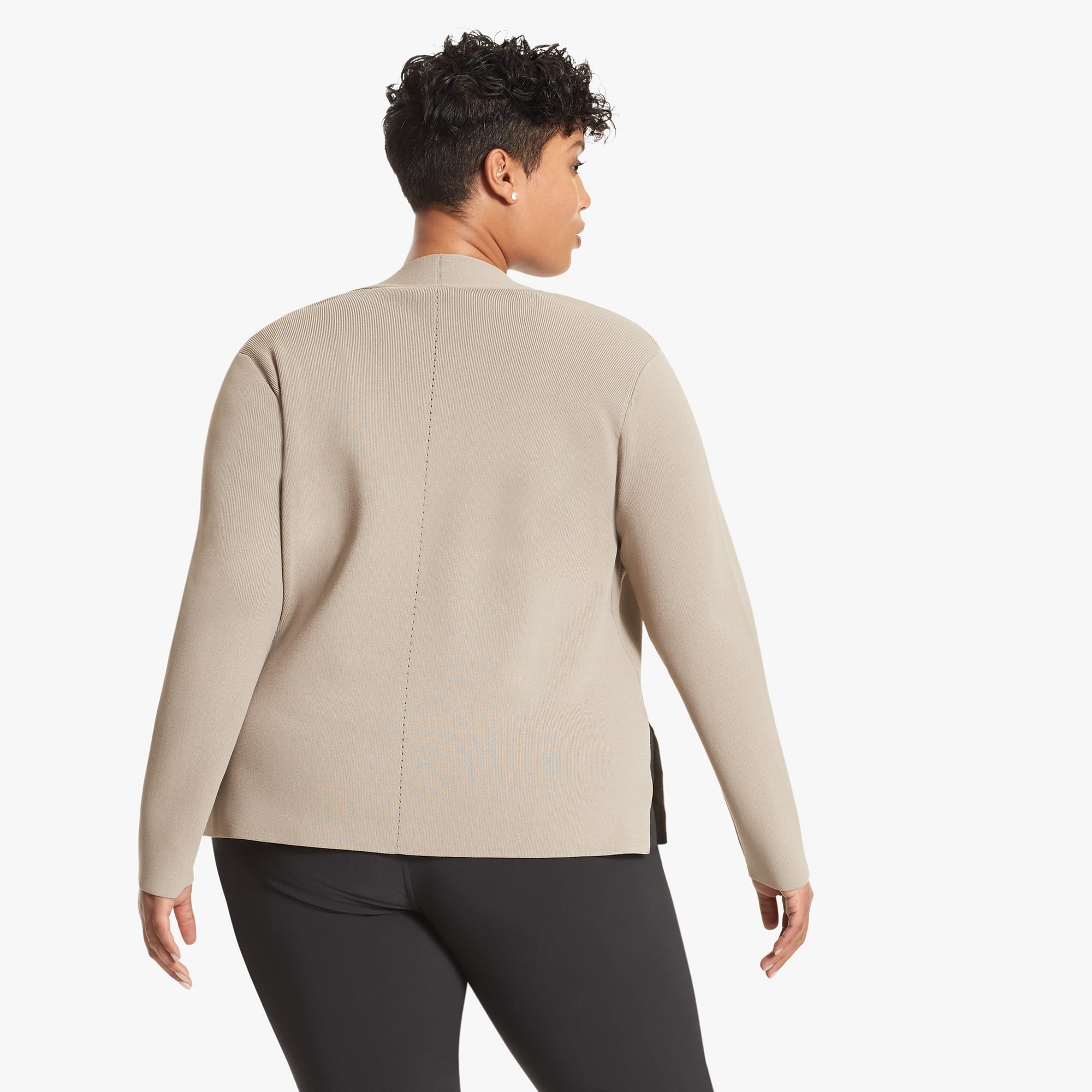 Back image of a woman standing wearing the Woolf jardigan in Taupe